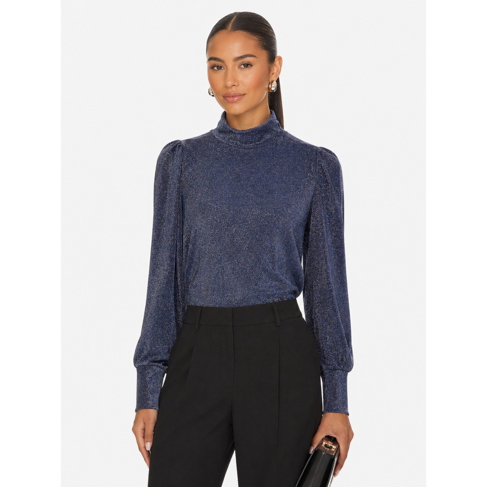 NWOT Hyacinth House Tuckernuck Metallic Blue Mock Neck Puff Sleeve Shimmer Top M